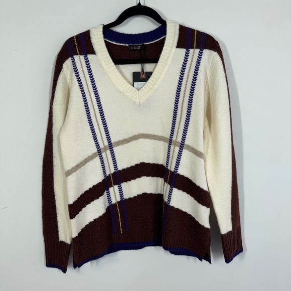 EXUS Striped Knit Sweater V-Neck Brown Cream Blue Size M Women’s Casual Pullover - Picture 2 of 13